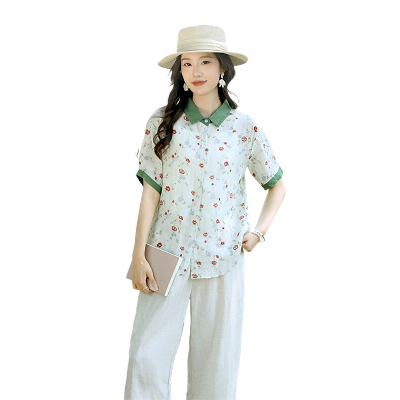 2025夏装新款温柔时尚显瘦复古撞色苎麻碎花衬衫直筒裤女,女装衬衫,凝聚力