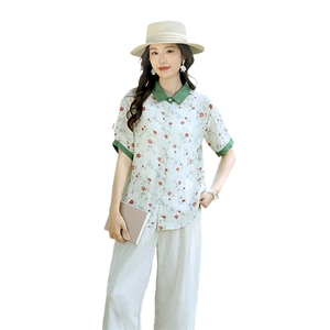 2025夏装新款温柔时尚显瘦复古撞色苎麻碎花衬衫直筒裤女图片