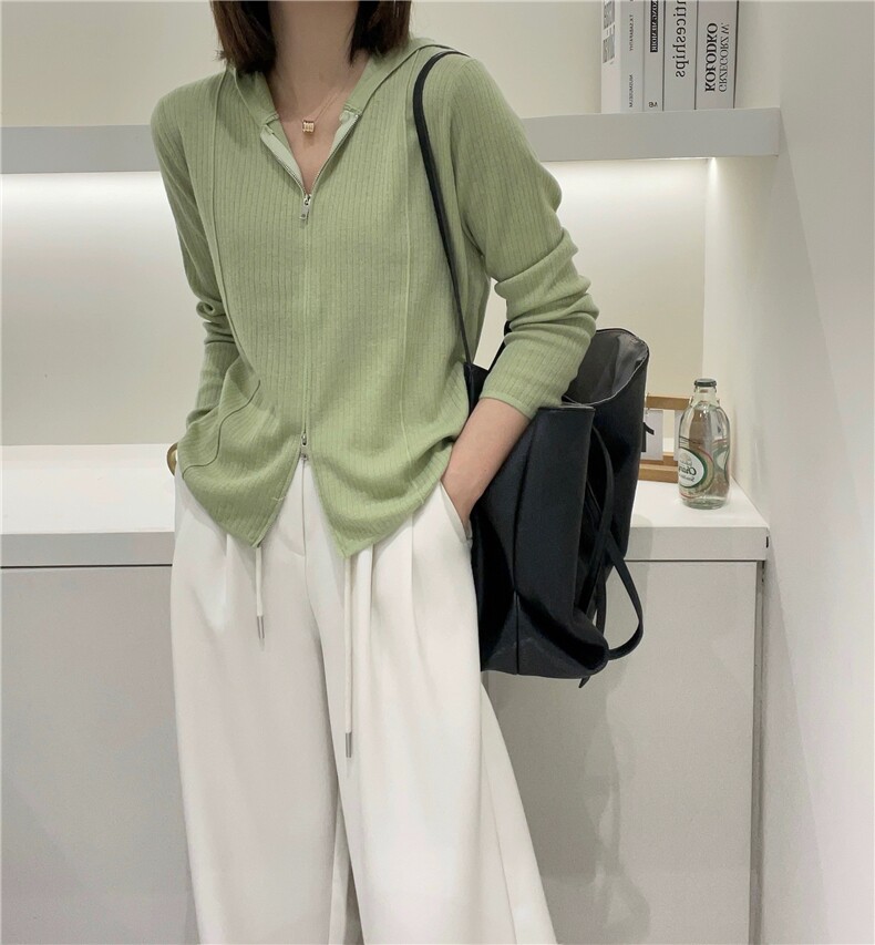 双拉链连帽针织开衫女薄款宽松坑条显瘦精纺羊毛衫女外套帽衫,女装羊毛衫,圣旺供货