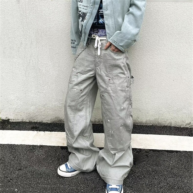 2025秋冬泼墨弯刀牛仔裤水洗灰色潮牌设计男女宽松长裤K6740-P69图片
