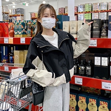 拼色连帽黑色工装外套女2024年春秋新款韩版设计感小个子夹克上衣，女装短外套，2C056