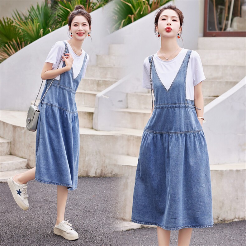 2024年夏季新款女装韩版休闲大码牛仔假两件连衣裙,女装连衣裙,靓星雨