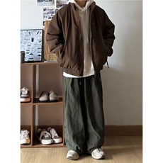 日系男装复古纯色宽松工装裤阔腿百搭松紧腰设计休闲长裤子男，男装休闲裤，星座506A