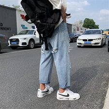 夏季潮流破洞直筒牛仔裤男浅色宽松牛仔九分裤子毛边中性B，男装牛仔裤，星座1008