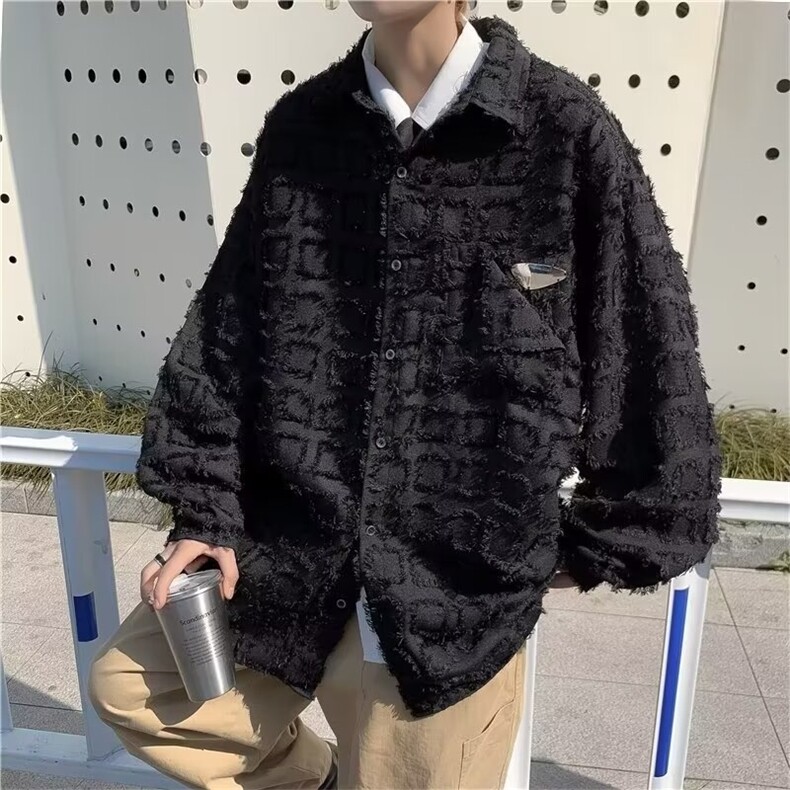 毛边棋盘格牛仔外套男高街设计感上衣春秋季美式潮牌宽松工装夹克,男装工装外套,星座715-4