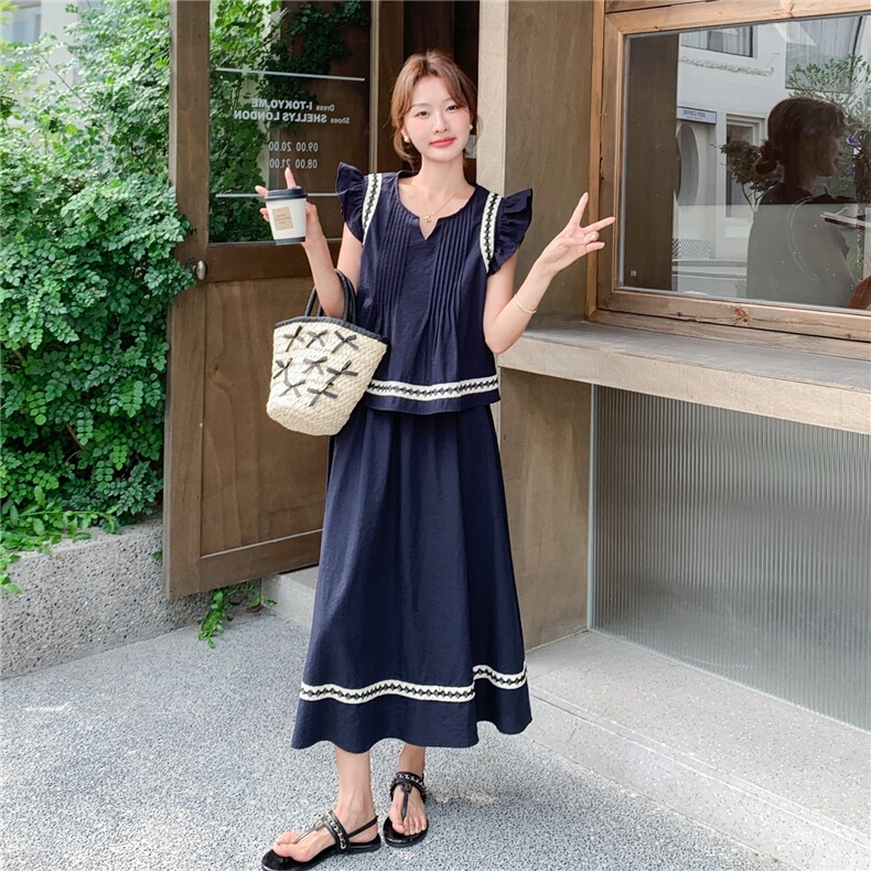 休闲藏青色花边背心半身裙套装女夏2025新款小个子两件套超火流行,女装套装/套裙,2C206