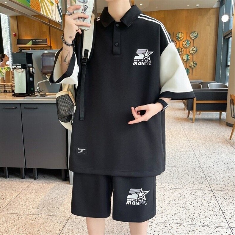 TZ24362-特P55青少年休闲套装港风宽松领拼色T恤短裤,男装T恤,电商D310B