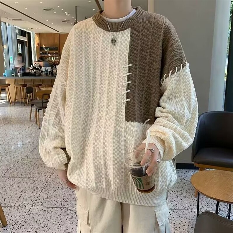M212-P47毛衣感拼接撞色设计男女宽松秋冬季休闲小众套头,男装针织衫/毛衣,电商B323A