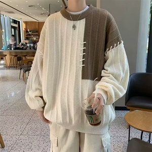 M212-P47 毛衣感拼接撞色设计男女宽松秋冬季休闲小众套头图片