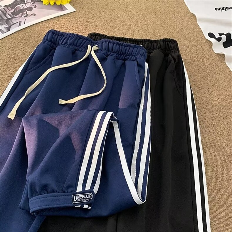 蓝色条纹裤子女新款2023春秋季运动裤休闲卫裤阔腿裤 KA38图片