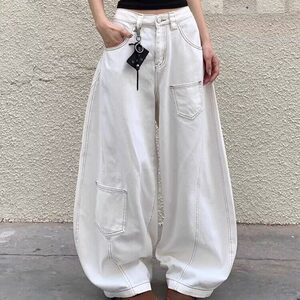 美式复古白色高腰弯刀牛仔裤女夏季高街设计感宽松显瘦垂感阔腿裤