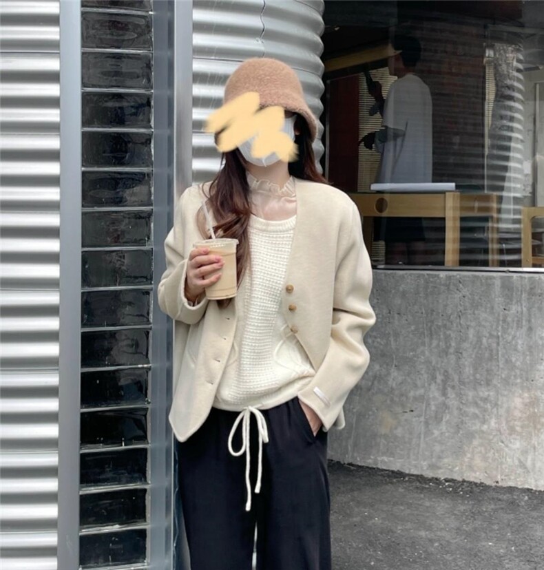 秋冬新款短款小v领排扣韩系简约羊绒大衣，其它，HJ