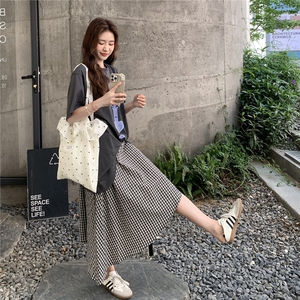 学院风休闲T恤格子半身裙套装女2025夏新款韩版宽松小个子两件套图片