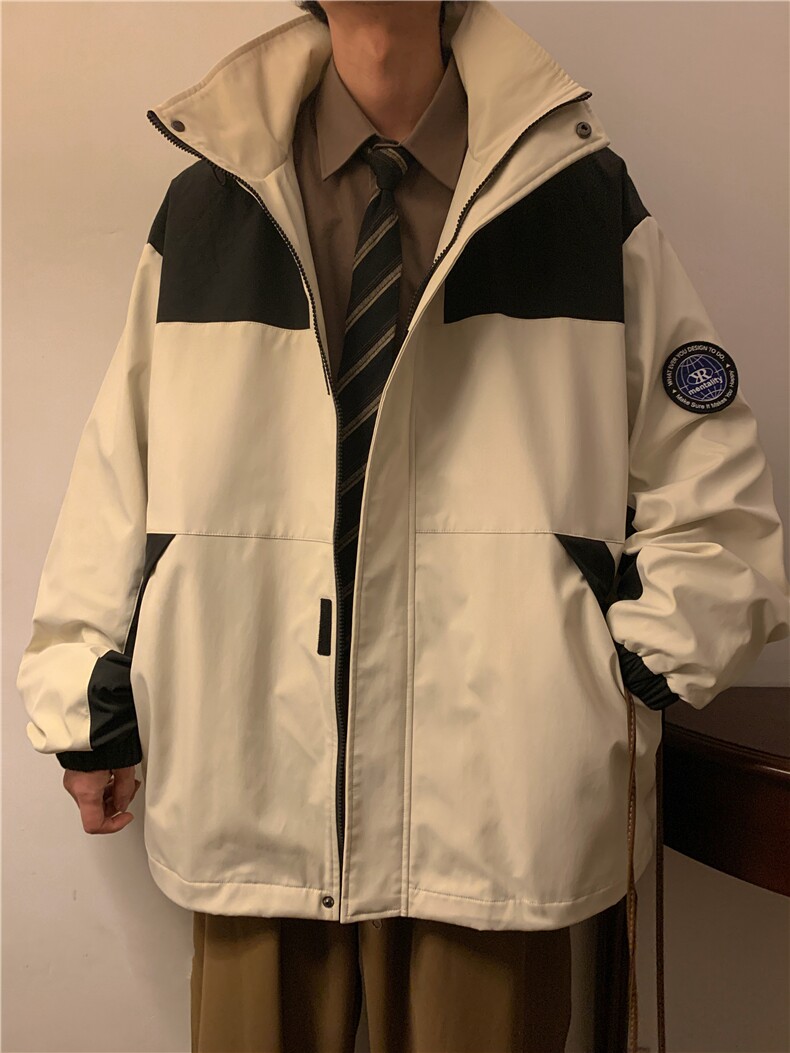 春款工装连帽夹克潮流拼色宽松贴标户外冲锋衣外套CYJK9236-P80,男装夹克,电商A128