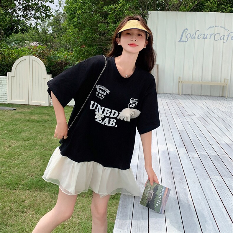 法式俏皮T恤撞色连衣裙女2025夏季新款韩版宽松显瘦网纱拼接短裙,女装连衣裙,灵力轩