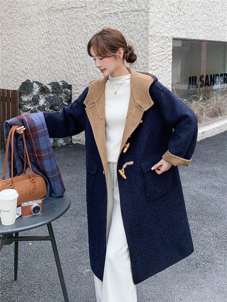 学院风藏青色牛角扣羊毛大衣女2025冬新款中长款连帽气质毛呢外套,女装毛呢外套,2B156