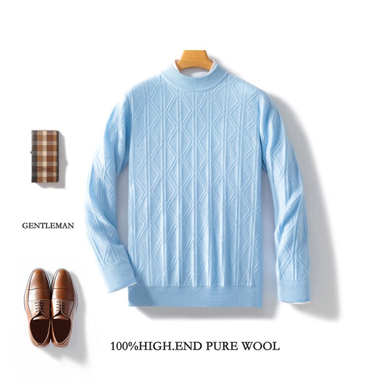 羊毛男圆领宽松菱形提花羊毛打底衫,男装羊毛衫,艾驰羊绒