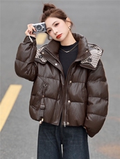 2025年冬季pu皮90白鸭绒连帽羽绒服，女装羽绒服，艾尚靓装