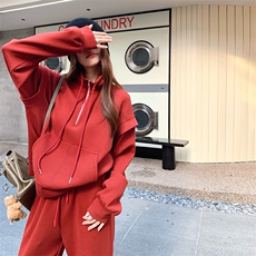 韩系慵懒chic红色休闲运动套装女2025春秋新款卫衣阔腿长裤两件套，女装套装/套裙，2C317A