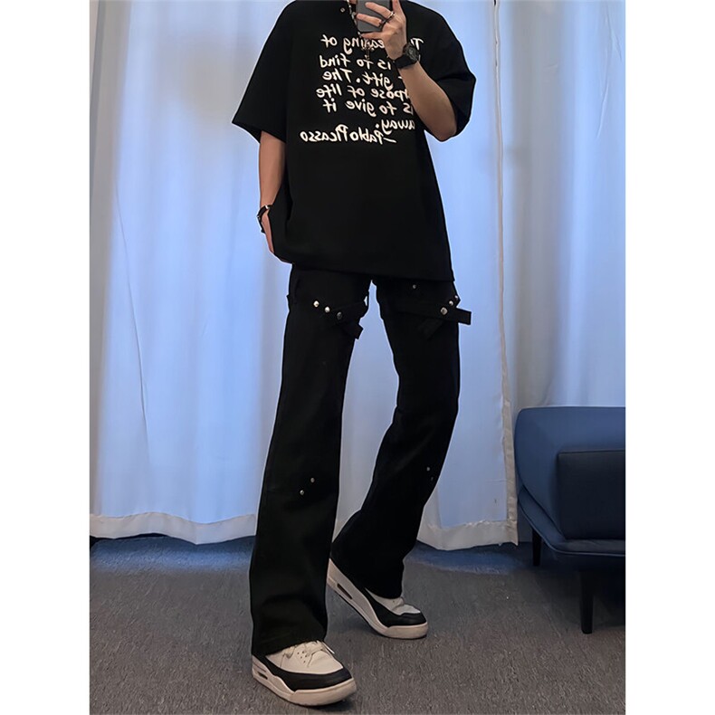 美式hiphop裤子高街vibe交叉绑带牛仔裤修身直筒微喇叭裤,男装牛仔裤,星座310A-4