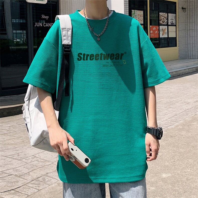 ！2023夏季华夫格短袖T恤简约字母宽松半袖体恤TXH215P25,男装T恤,电商B220