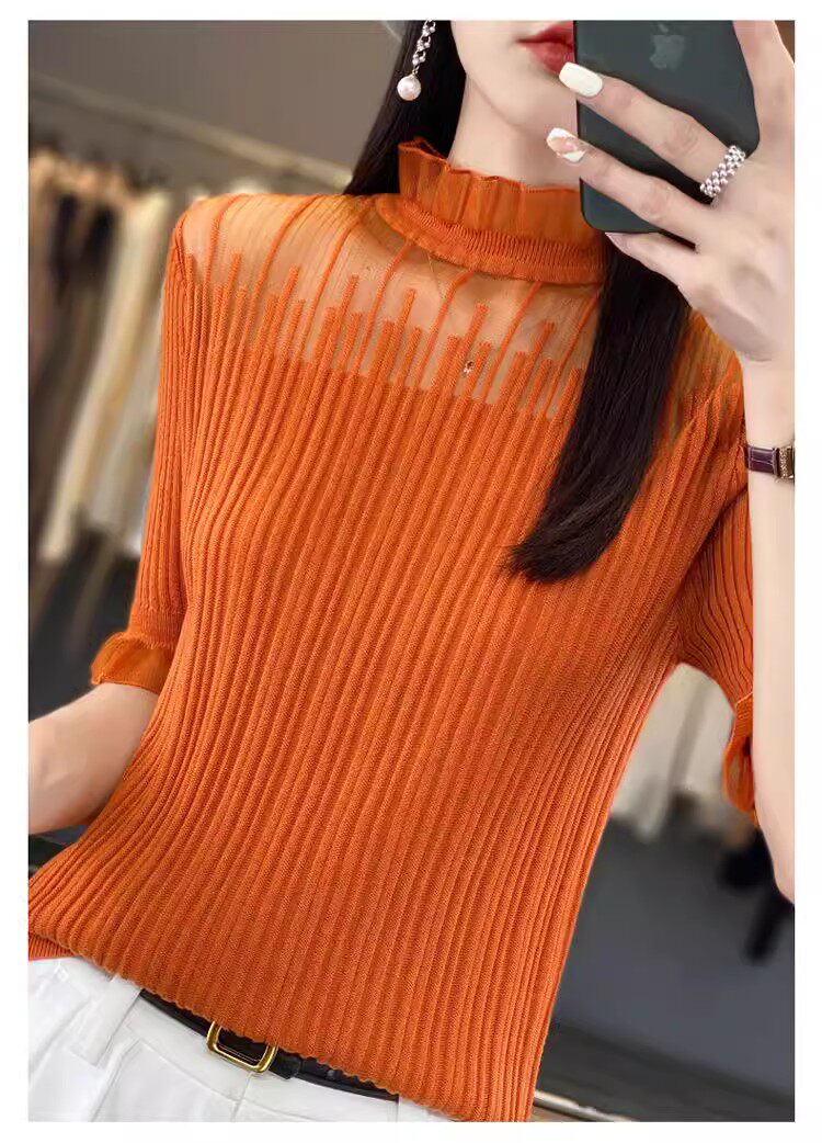 时尚欧根纱短袖蕾丝边针织衫修身显瘦半高领毛衣优雅气质女装上衣，女装针织衫/毛衣，恒旺羊绒