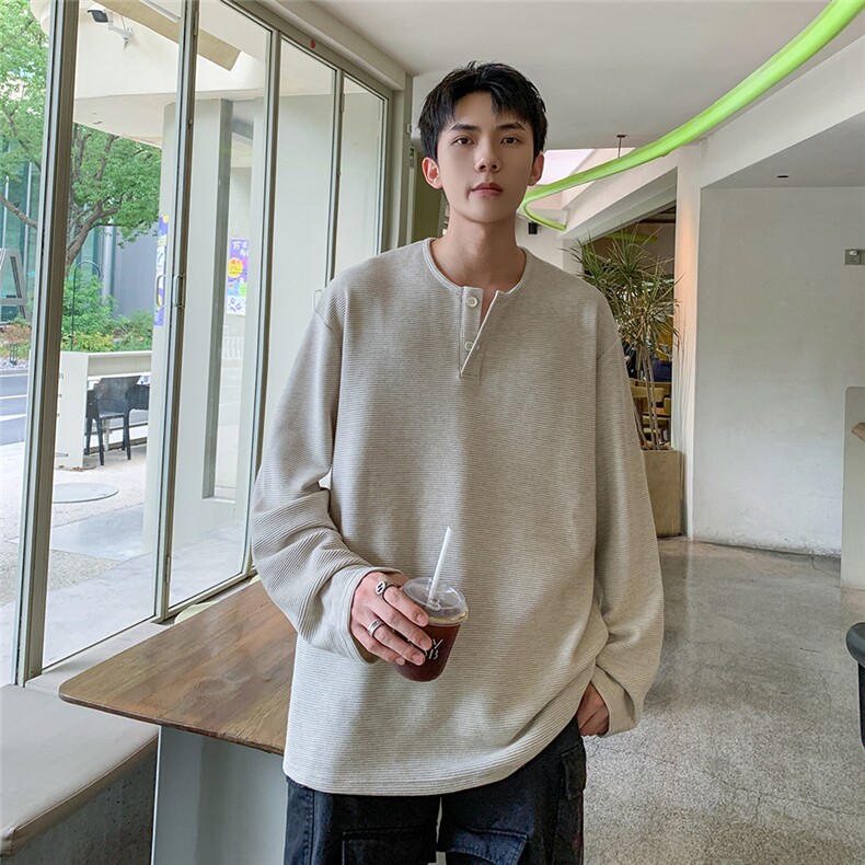 已下单 24085-P55 慵懒风宽松休闲长袖t恤男士大码打底衫内搭图片