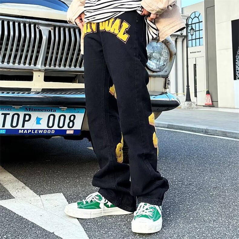 欧美vibe风潮高街字母植绒刺绣牛仔裤男ins潮牌宽松裤K3041-P58,男装牛仔裤,星座412-3