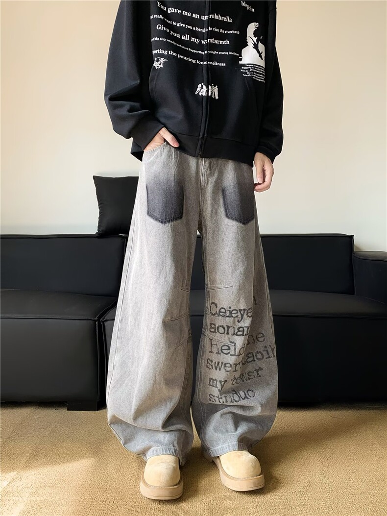美式潮牌原创印花复古休闲直筒宽松高街百搭小个子长裤男,男装休闲裤,四季星座505