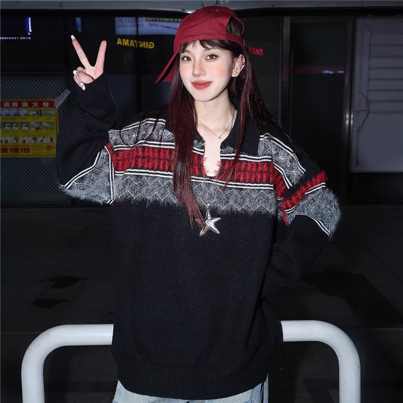 百搭复古港风小众慵懒民族风设计短款宽松毛衣针织开衫女图片