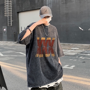 B239-X1026-P38 美式 字母 做旧水洗短袖落肩袖短袖T恤男图片