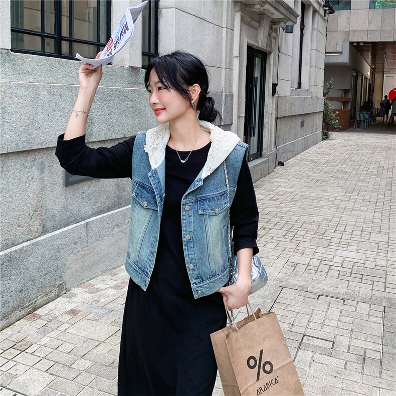 复古休闲连帽牛仔马甲黑色T恤连衣裙套装女春秋2025新款减龄裙子,女装套装/套裙,2C126