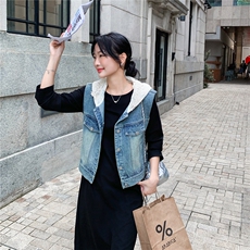 复古休闲连帽牛仔马甲黑色T恤连衣裙套装女春秋2025新款减龄裙子，女装套装/套裙，2C126
