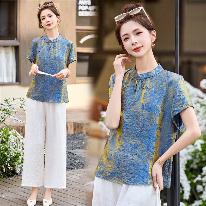 现货中式人丝香云纱织锦双色泛光短袖中古风巨好看两件夏季女套装，女装套装/套裙，木橙西子