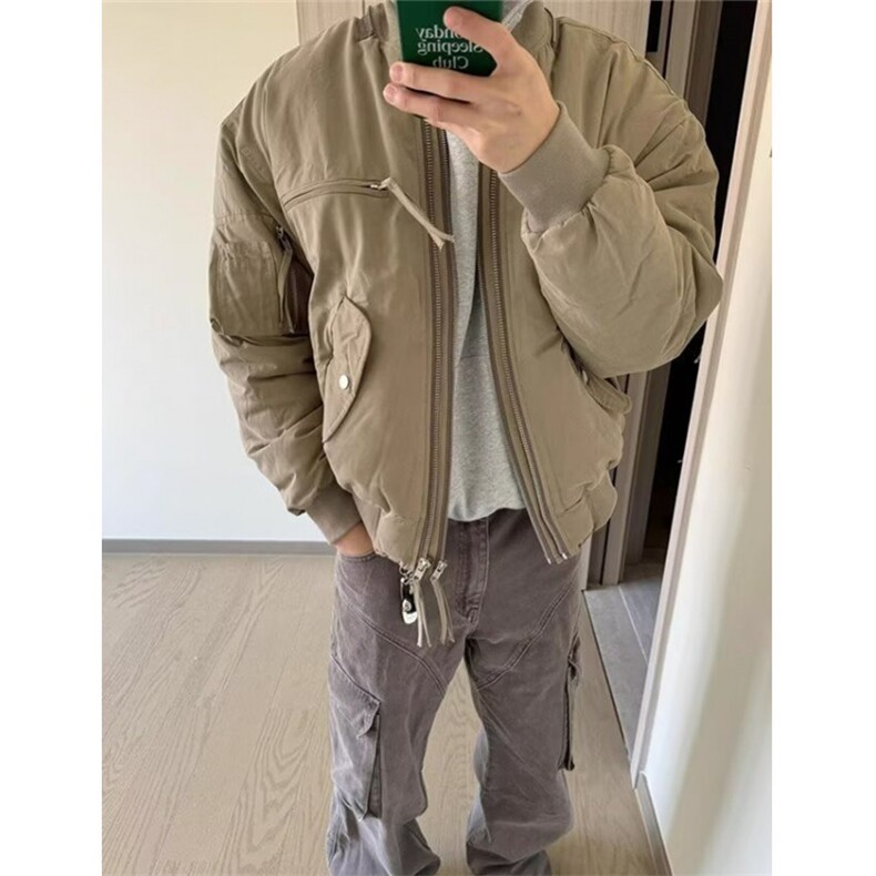复古卡其色双拉链飞行服夹克男女春秋休闲短款外套上衣 JTT90图片