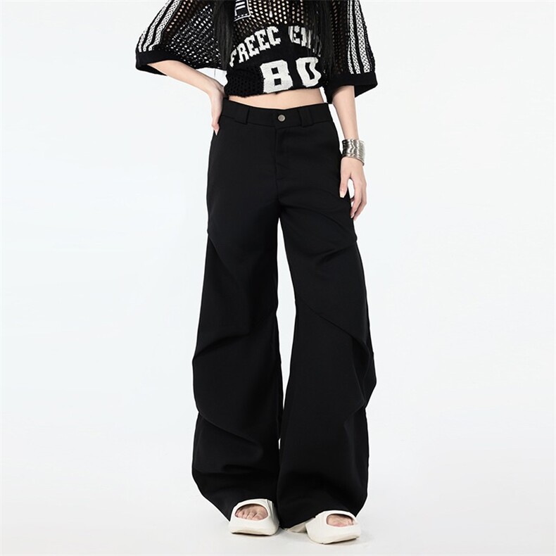 美式小众褶皱伞兵裤男女宽松休闲微喇裤高级感黑色西裤潮，女装休闲裤，星座1210-1