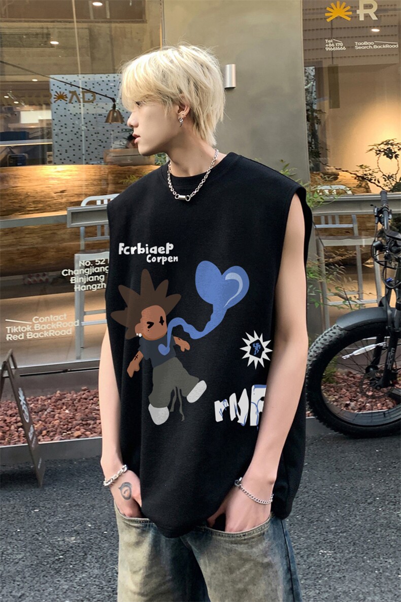 华夫格背心直播高品质重磅220克卡通人印花HB7104-P25控38,男装背心/马甲,星座508（原C305）