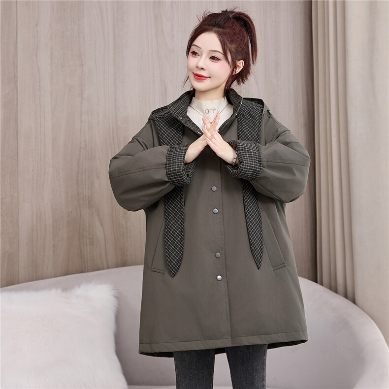 高端羽绒服女撞色格子拼接连帽中长款派克服冬2025新款白鸭绒外套,女装羽绒服,牡丹诺