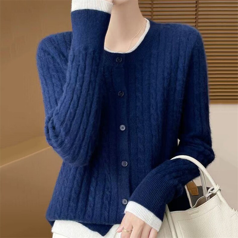 2025年秋季长袖圆领假两件时尚百搭通勤简约休闲，女装针织衫/毛衣，萱芳婷羊绒