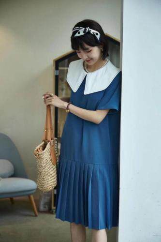 现货复古蓝翻领连衣裙，女装连衣裙，OL