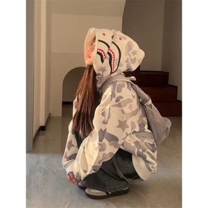 【有货】DY984-P53美式复古鲨鱼头双帽拉链卫衣男春秋季迷彩外套图片