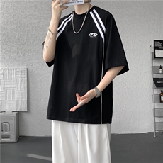 2025夏季新款美式潮流条纹字母刺绣宽松短袖B315-ST004-特p35控68，男装T恤，电商B315