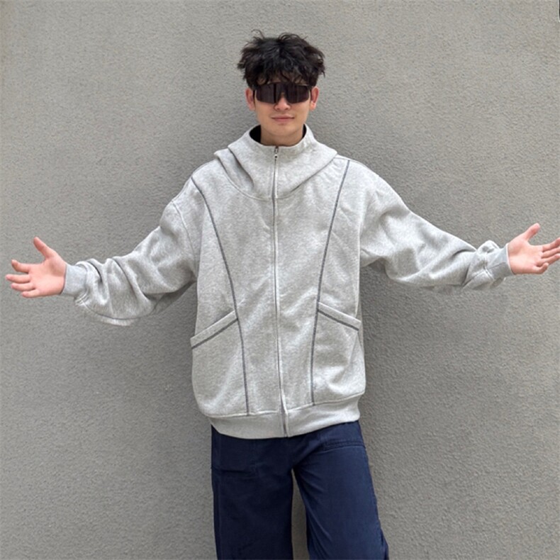 抖音得物高品质秋冬美式高街重磅结构辑明线纹理连帽卫衣外套W111,女装短外套,电商A486-1