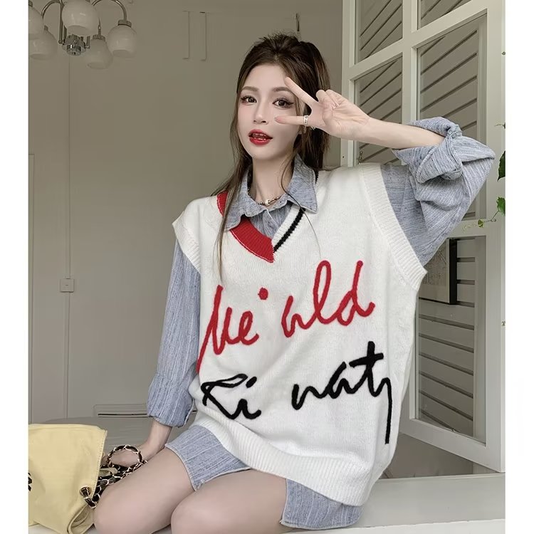 美式线条字母针织马甲女2025春秋季新款宽松韩版外穿马夹无袖上衣,男装背心/马甲,星座1210-1