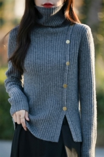 独特设计高领毛衣女加厚修身侧开叉上衣秋冬堆堆领内搭针织打底衫，女装针织衫/毛衣，佳绒包芯纱店