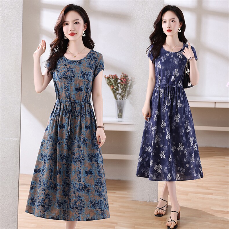 2023夏季时尚简约百搭花色棉麻风短袖长款连衣裙，女装连衣裙，鑫思依格