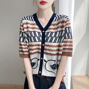 夏季新款简约天丝提花V领假开衫女宽松百搭显瘦时尚休闲上衣图片