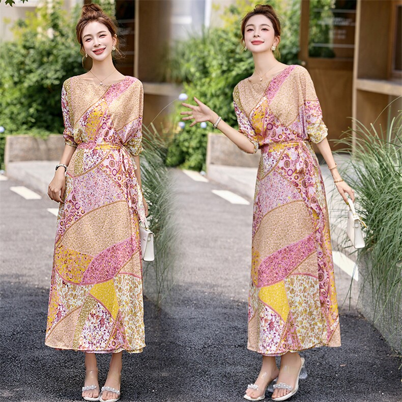 法式印花圆领一片式系带裙女2026夏优雅气质收腰度假连衣裙，女装连衣裙，美沁