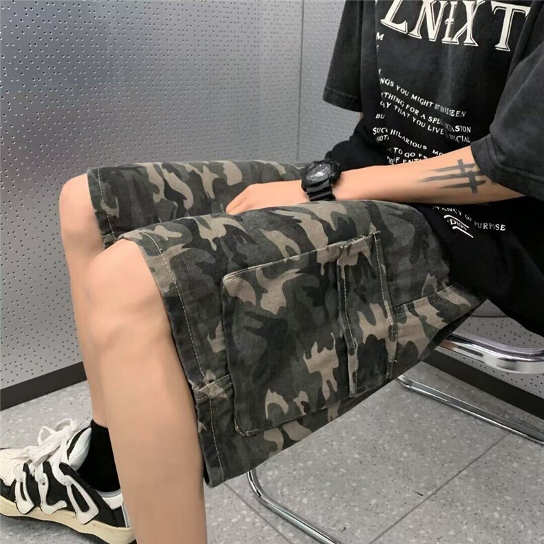 美式复古迷彩短裤男夏季高街多口袋直筒工装裤潮牌宽松百搭五分裤图片