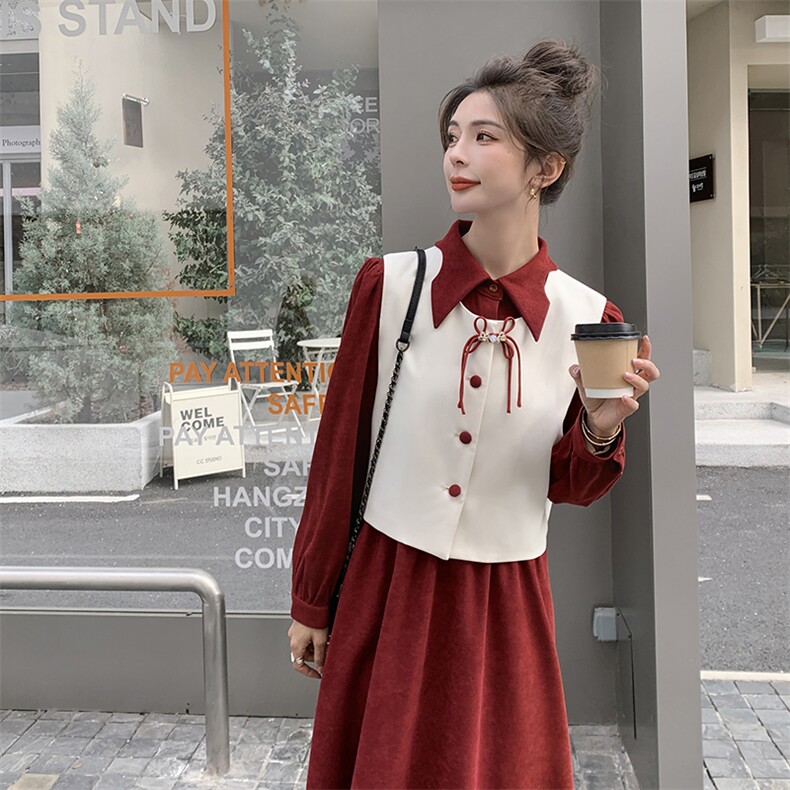 时尚气质女装套装春季连衣裙马甲两件套显瘦修身长袖裙装,女装套装/套裙,秋水欣儿